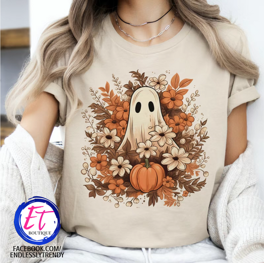Floral Ghost and Pumpkin Tee – Fall Harvest Design - Endlessly Trendy Boutique