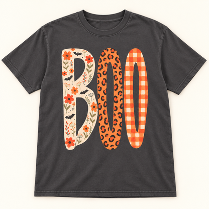 BOO Floral & Leopard Halloween Shirt AI tee mockup