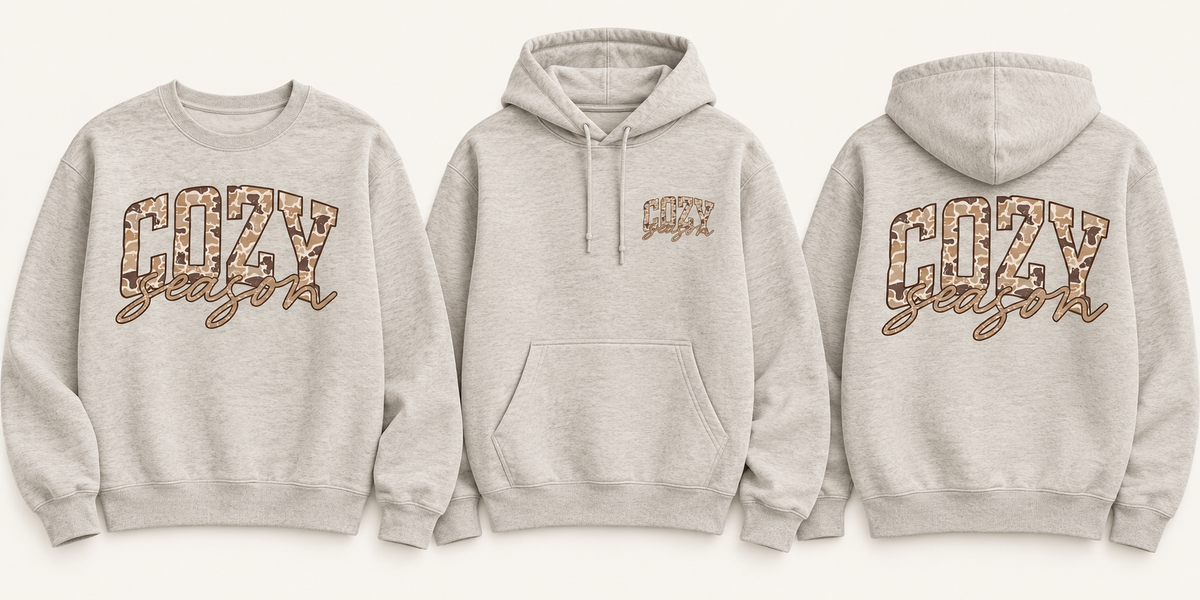 Cozy Season Camo Fall Shirt sweatshirt and hoodie front and back mockup