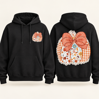 Floral pumpkin and gingham bow fleece hoodie front and back mockup