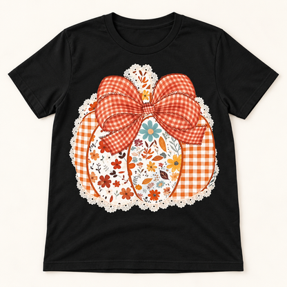 Floral pumpkin and gingham bow short sleeve tee mockup