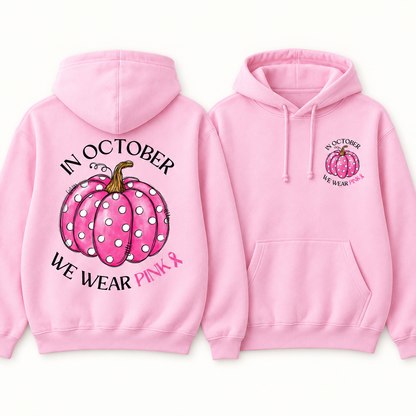 Pink Polka Dot Pumpkin light pink fleece hoodie, full back and small left chest print