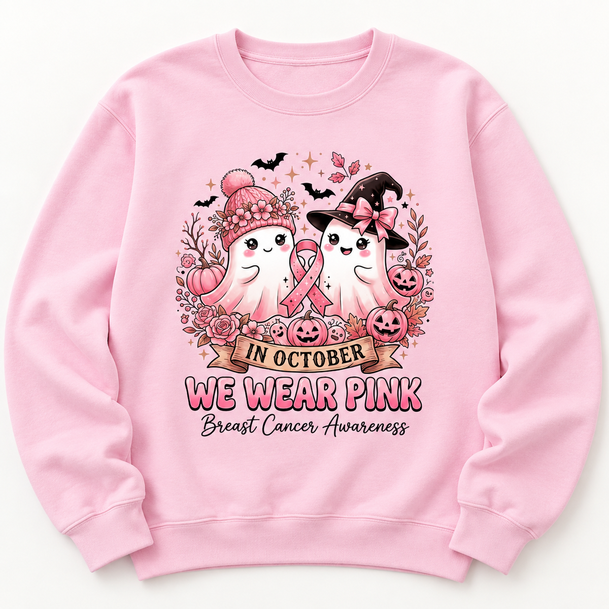 Pink ribbon ghost duo on a light pink crewneck sweatshirt