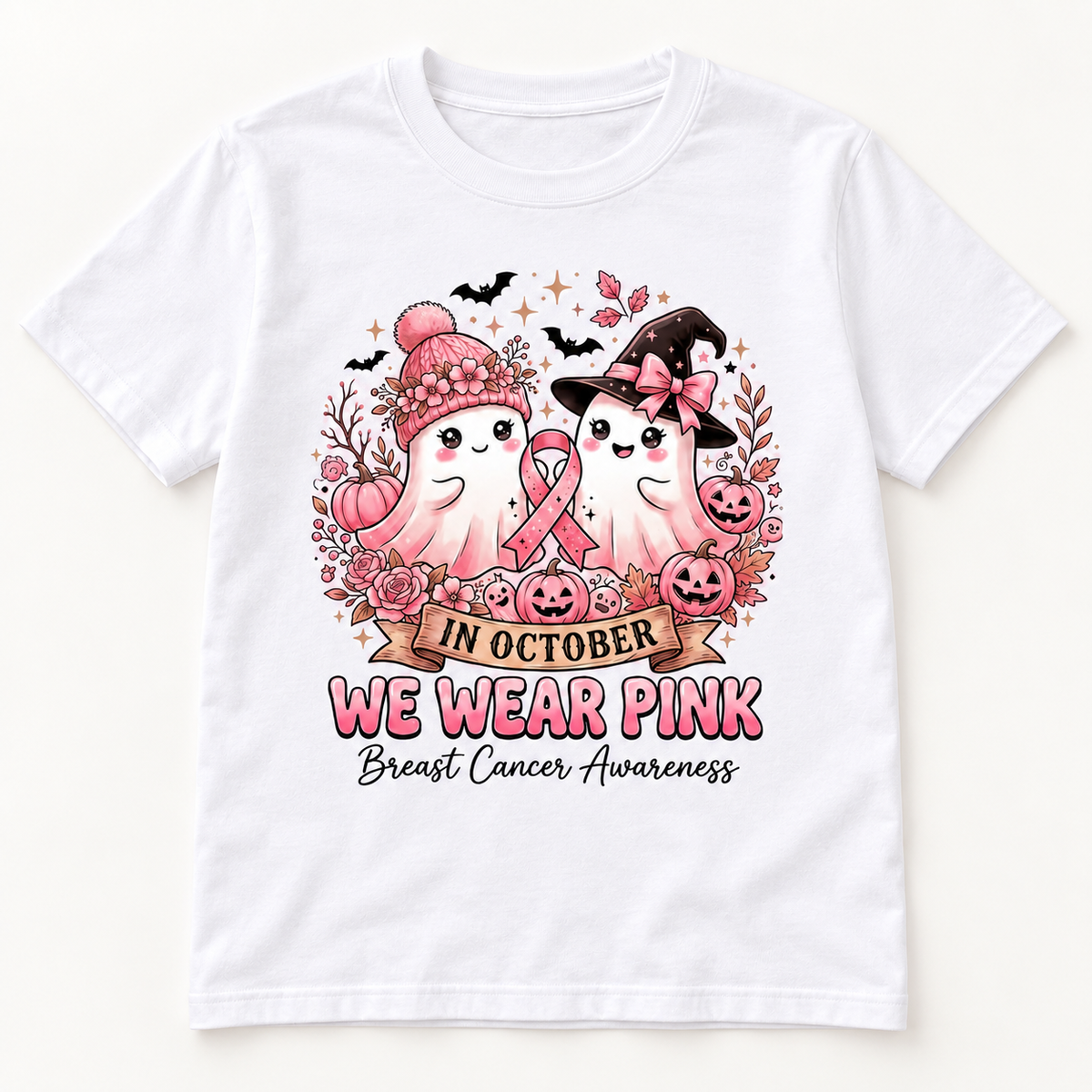 Pink Ribbon Ghost Duo white short sleeve tee front print