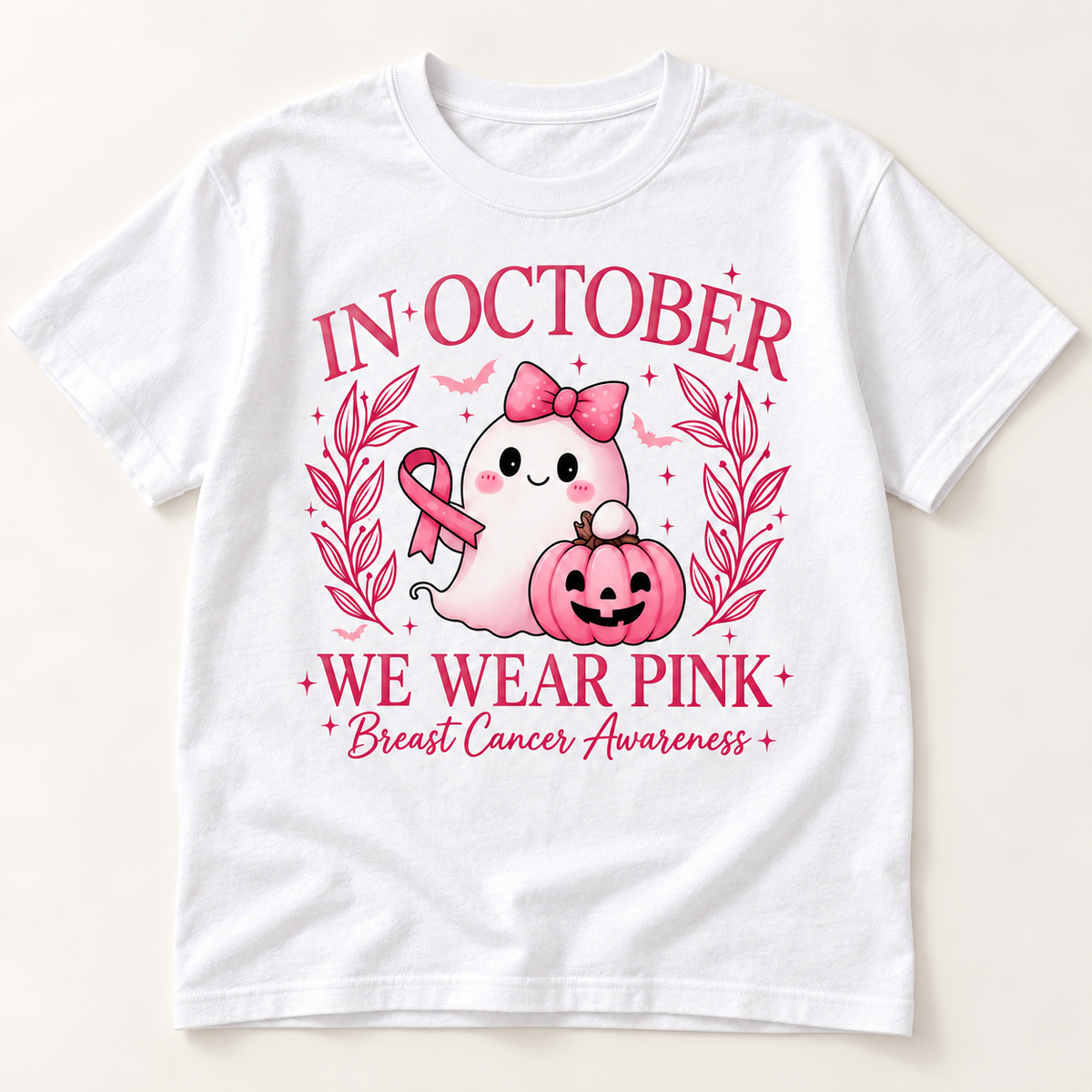Pink Ribbon Ghost & Pumpkin white short sleeve tee front print