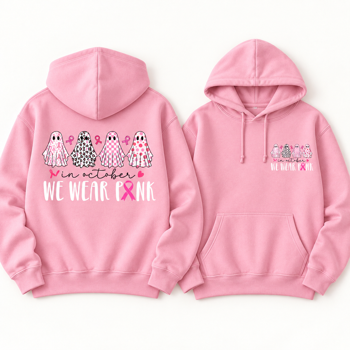 Pink Ribbon Patterned Ghosts light pink fleece hoodie, full back and small left chest print