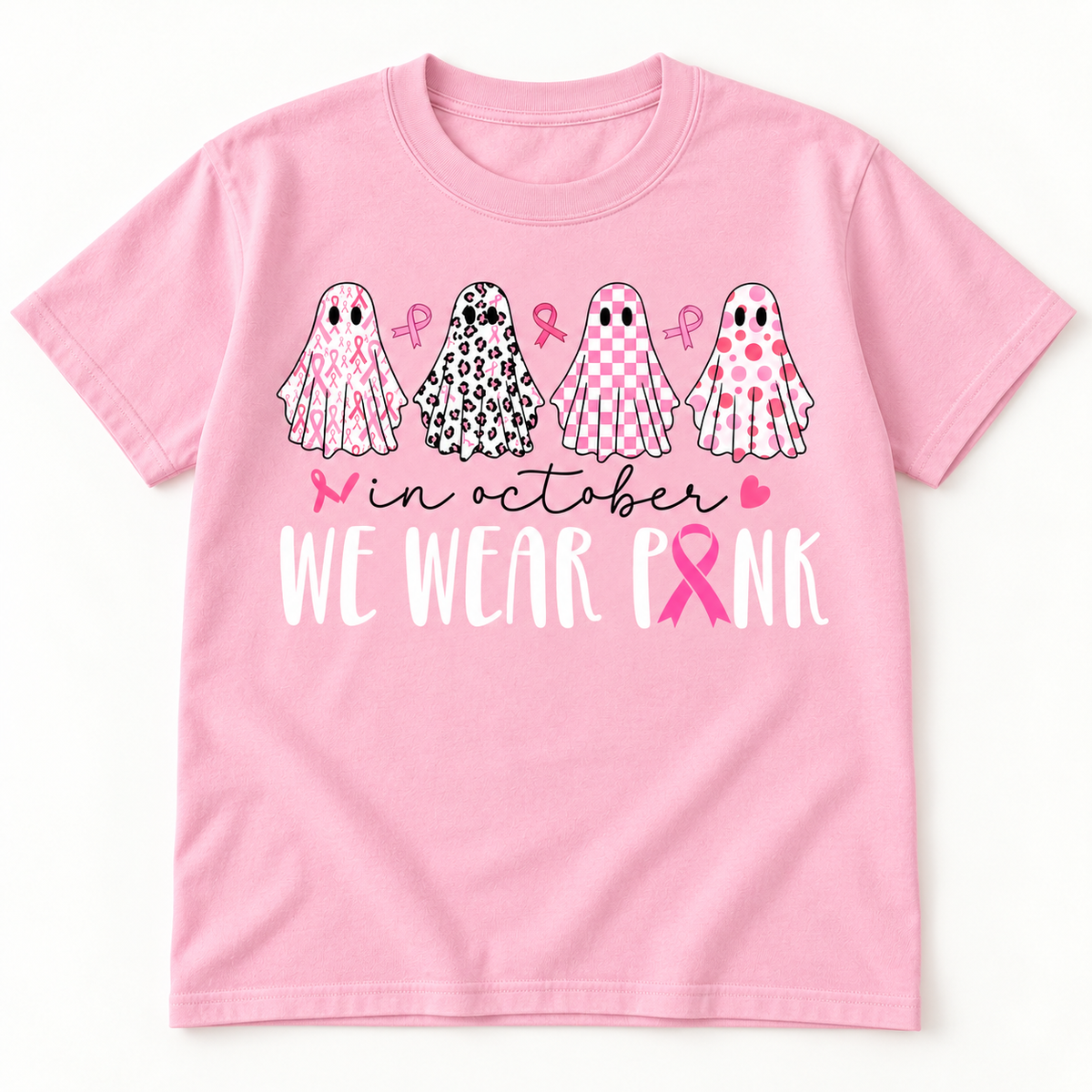 Pink Ribbon Patterned Ghosts light pink short sleeve tee front print