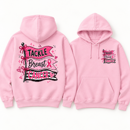 Tackle Breast Cancer light pink fleece hoodie, full back and small left chest print