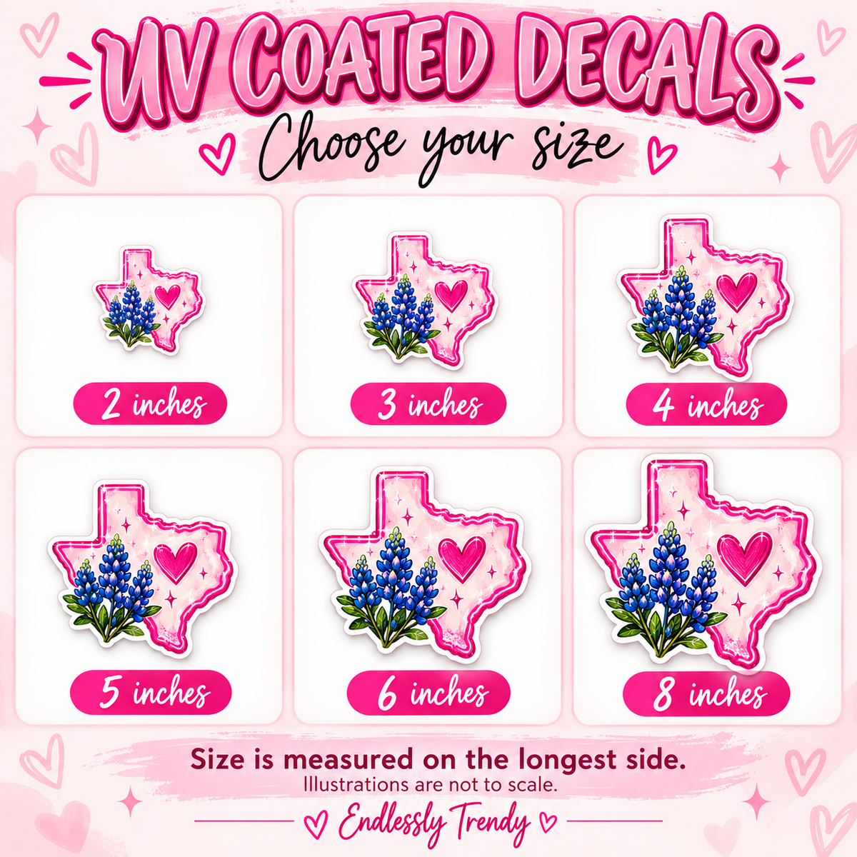 Illustrated UV coated decal size options: 2, 3, 4, 5, 6, and 8 inches measured on the longest side, not to scale
